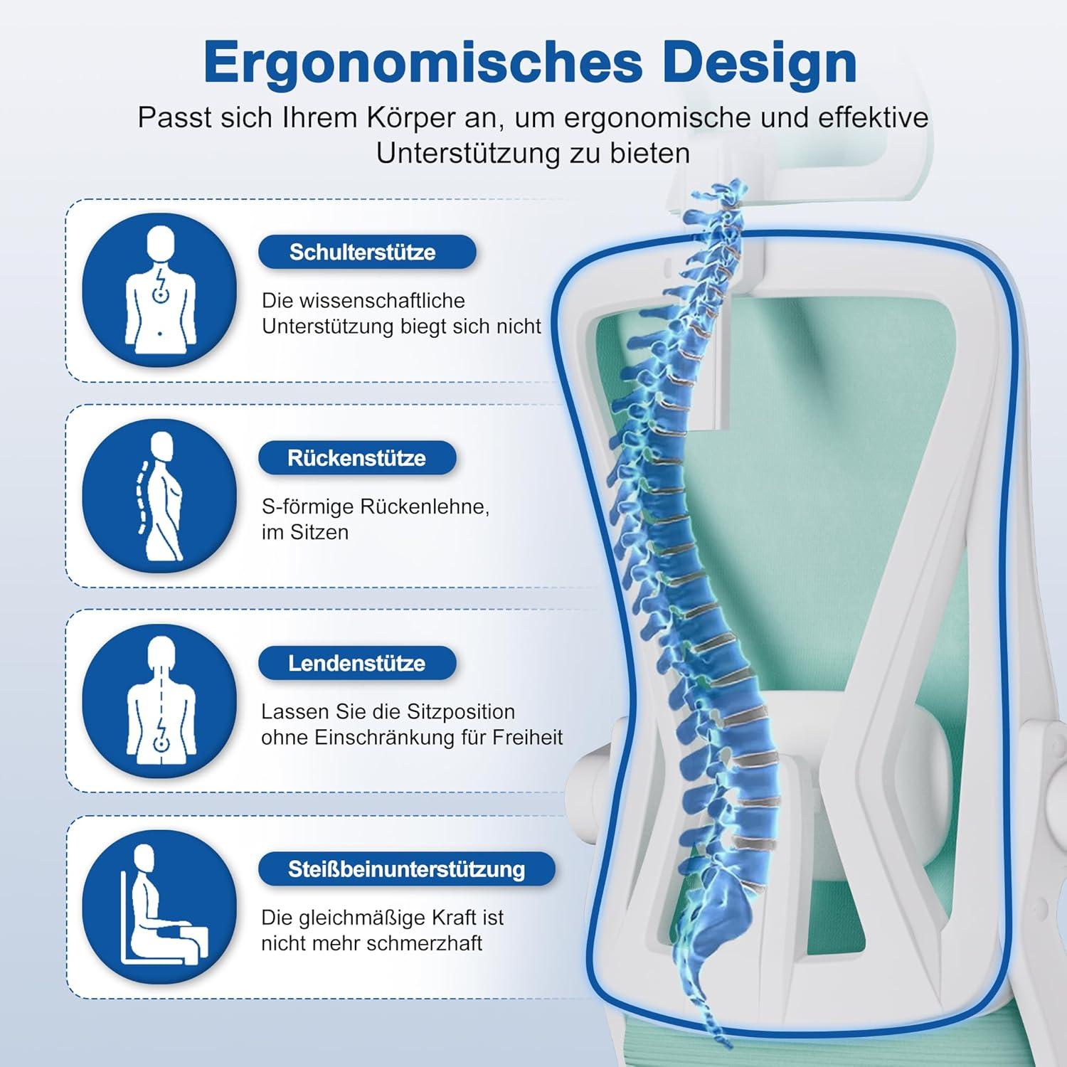 Ergonomischer Bürostuhl mit Wippfunktion bis 135°, Blaugrün
