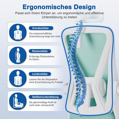 Ergonomischer Bürostuhl mit Wippfunktion bis 135°, Blaugrün