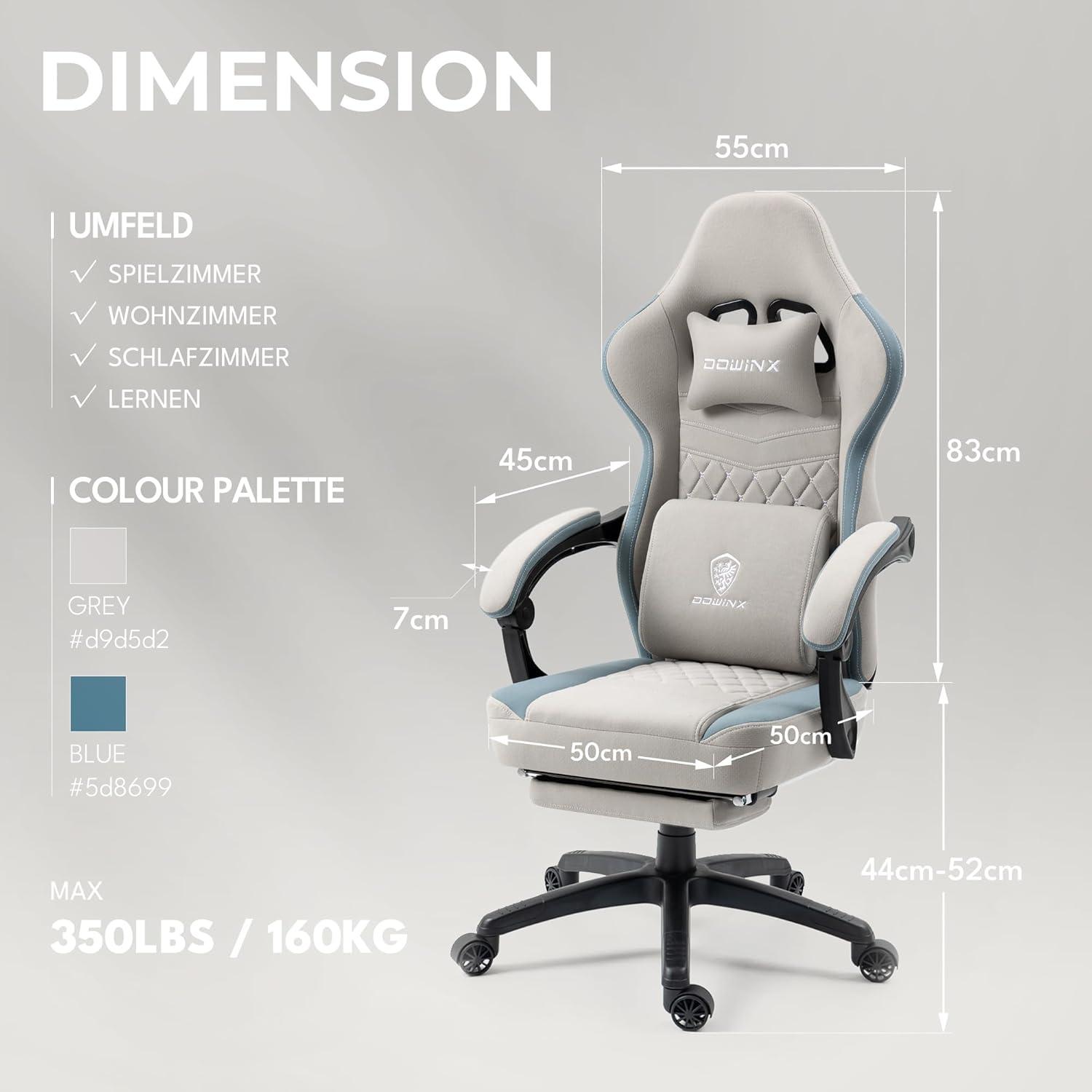 Gaming Stuhl Stoff Bürostuhl mit Massage und Fußstütze Grau