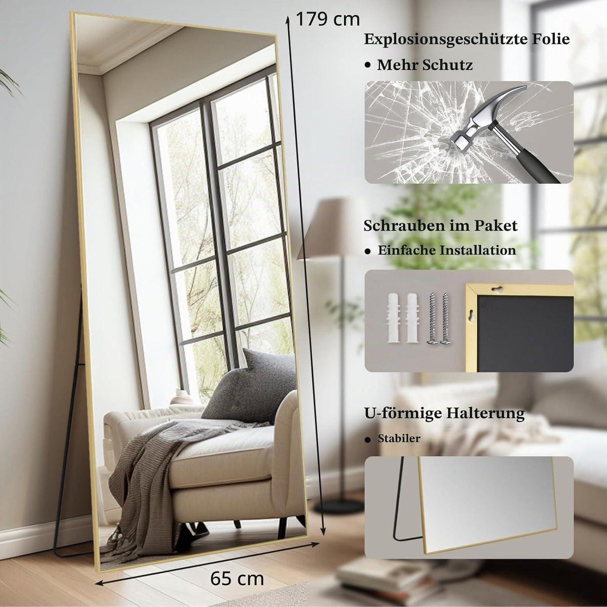 Ganzkörperspiegel 179x65cm – Stehspiegel für Schlafzimmer & Wohnzimmer