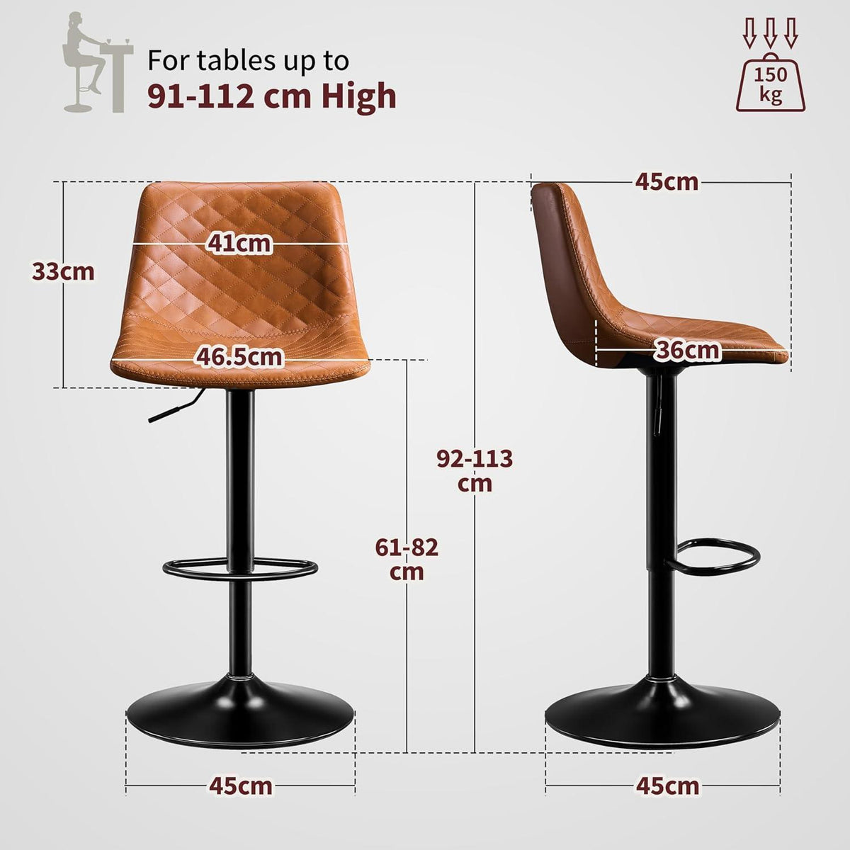 Höhenverstellbarer Barhocker 2er Set mit Mikrofaser-Leder & Lehne