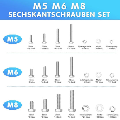 Sechskantschrauben Set Edelstahl A2 M5 M6 M8 mit Muttern & Scheiben