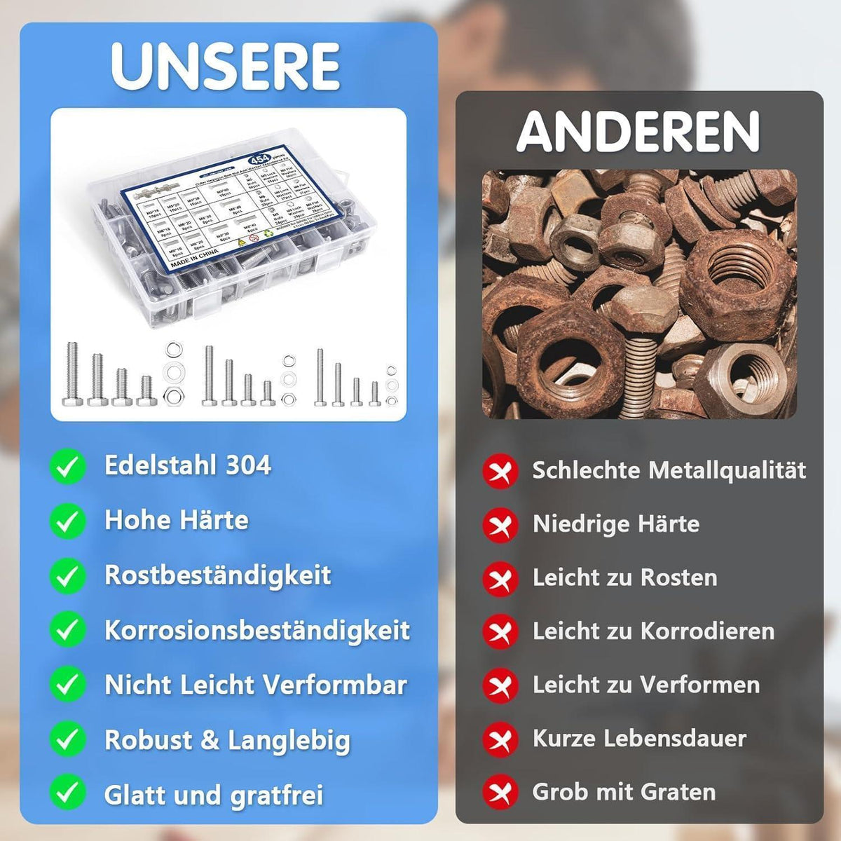 Sechskantschrauben Set Edelstahl A2 M5 M6 M8 mit Muttern & Scheiben