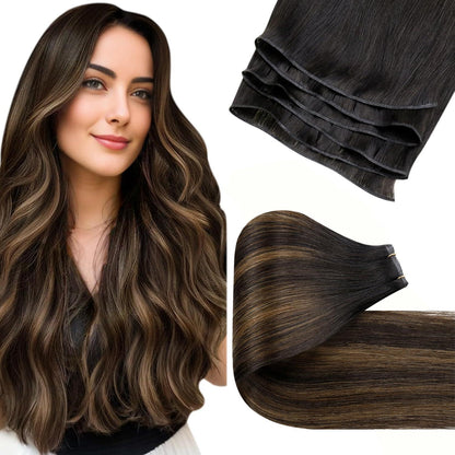 Echthaar Tressen Braun Balayage 60cm – Einnähverlängerung