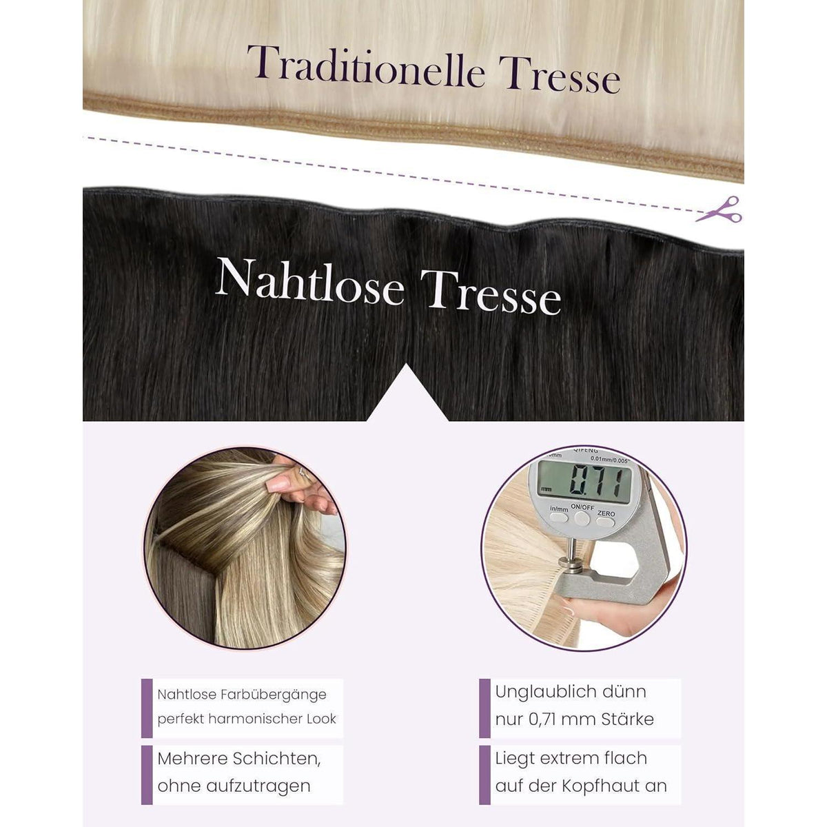 Echthaar Tressen Braun Balayage 60cm – Einnähverlängerung