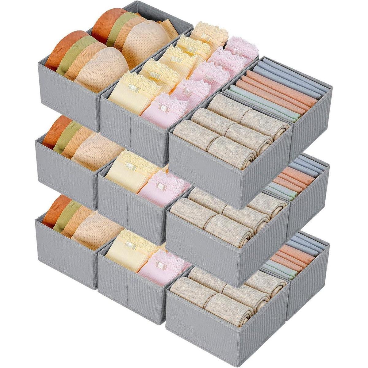 Schubladen Organizer 12er Set Grau - Stoff Aufbewahrungsboxen für Kleiderschrank