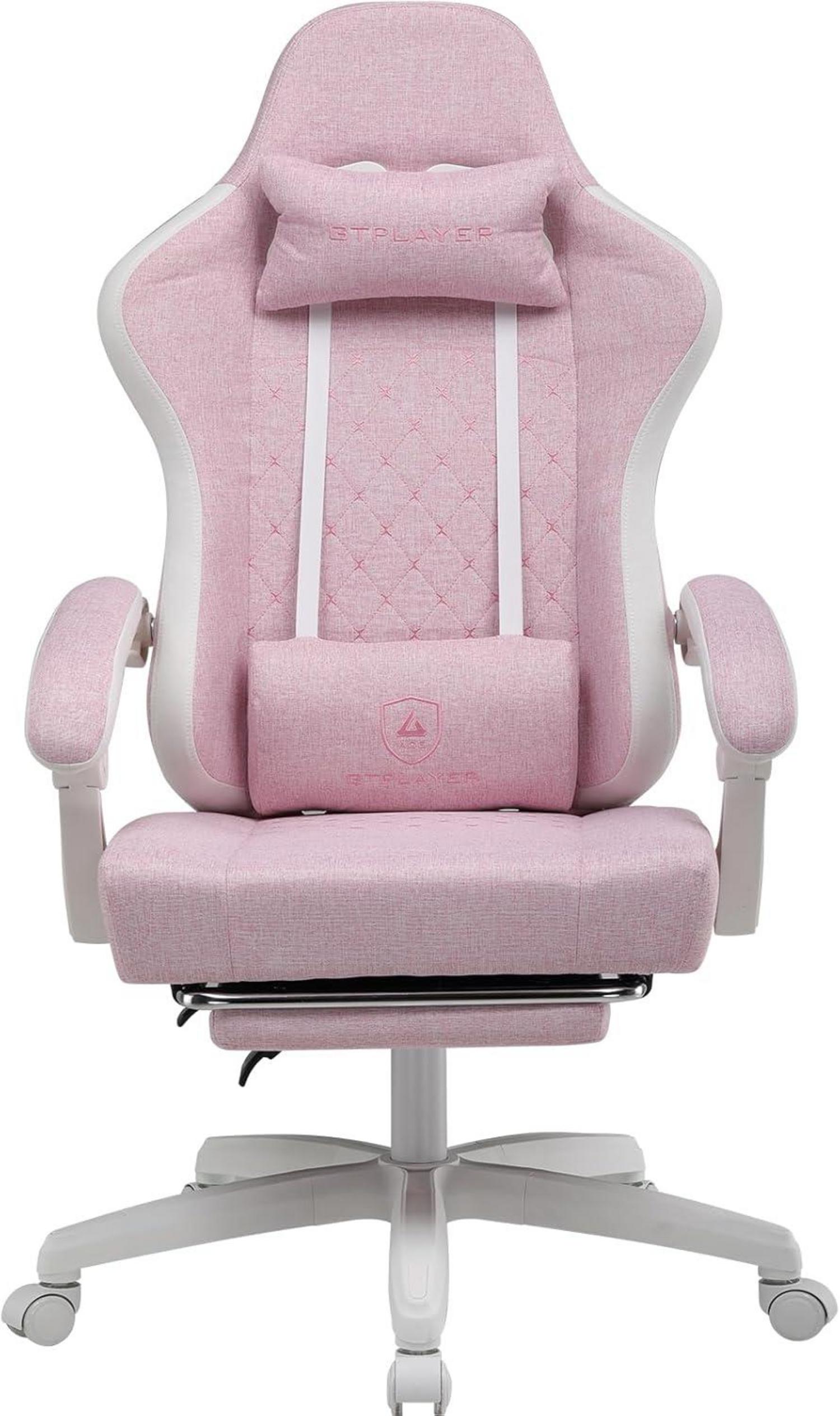 Gaming Stuhl Stoff mit Fußstütze 150kg Belastbarkeit Weiß-Rosa