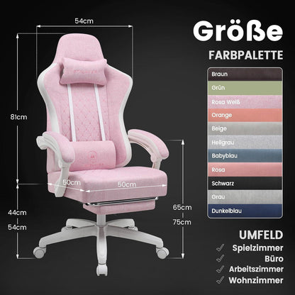 Gaming Stuhl Stoff mit Fußstütze 150kg Belastbarkeit Weiß-Rosa