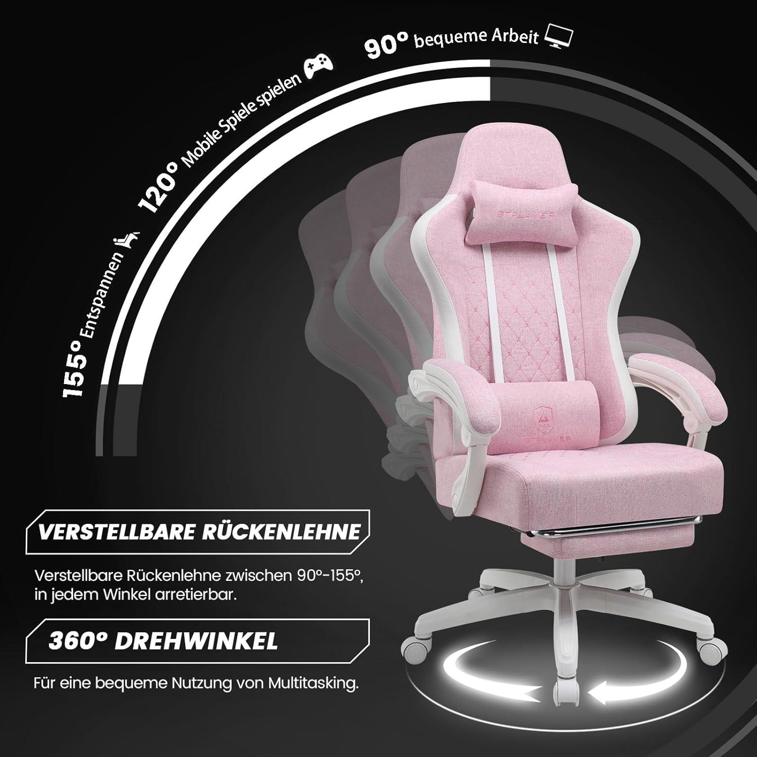 Ergonomischer Gaming Stuhl mit Fußstütze und 150kg Belastbarkeit, Weiß-Rosa
