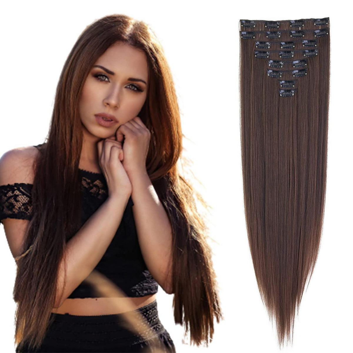 60cm Clip-in Haarverlängerung Braun & Auburn - Gerade Synthetik