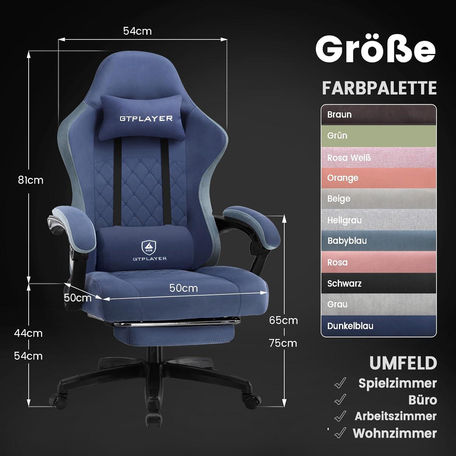 Gaming Stuhl Stoff Fußstütze Racing Gamer 150kg 90-135° Dunkelblau