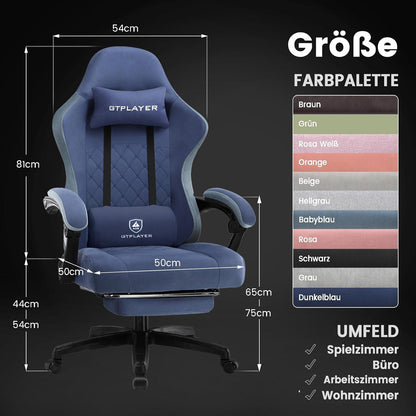 Gaming Stuhl Stoff Fußstütze Racing Gamer 150kg 90-135° Dunkelblau
