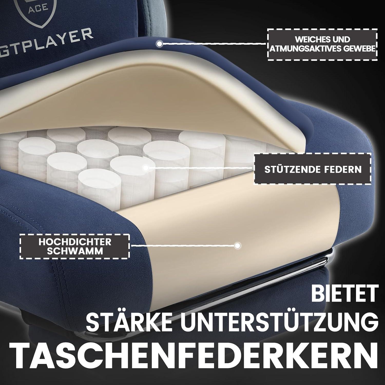 Gaming Stuhl aus Stoff mit Fußstütze, Racing Gamer Stuhl 150kg Belastbarkeit, 90-135° Rückenlehne einstellbar, Ergonomischer PC Stuhl, Dunkelblau