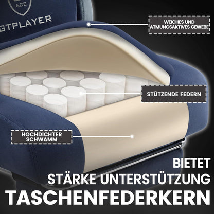 Gaming Stuhl aus Stoff mit Fußstütze, Racing Gamer Stuhl 150kg Belastbarkeit, 90-135° Rückenlehne einstellbar, Ergonomischer PC Stuhl, Dunkelblau