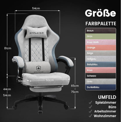 Gaming Stuhl Stoff mit Fußstütze Racing Gamer 150kg Belastbarkeit Grau