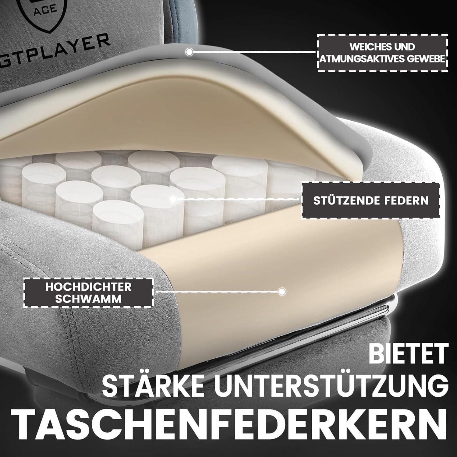 Gaming Stuhl mit Fußstütze, 150kg Belastbarkeit, Grau