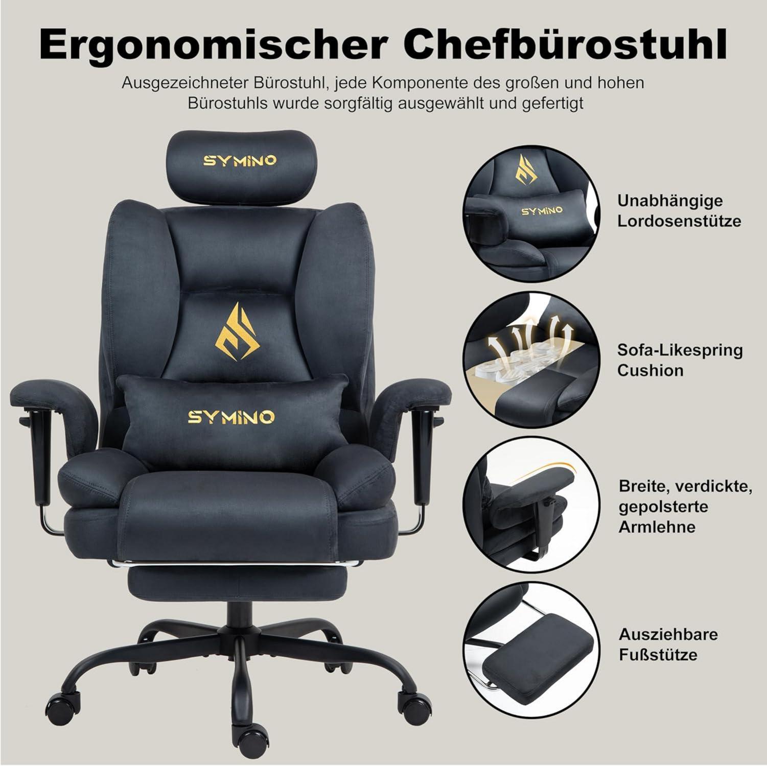 Symino Gaming Stuhl Bürostuhl Ergonomisch mit Fußstütze 130kg Grau