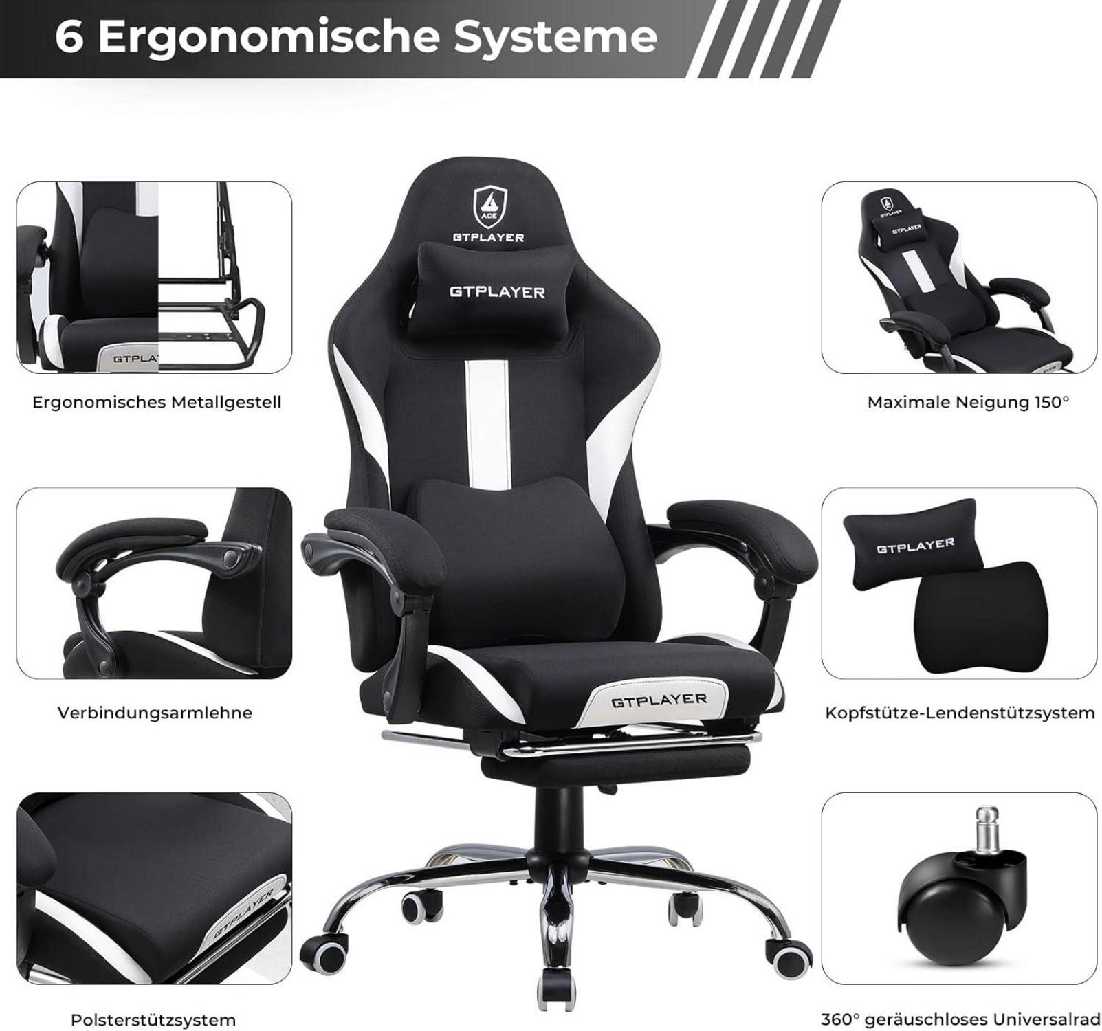 Gaming Stuhl mit Bürostuhl und Fußstütze, Ergonomischer Sessel Schwarz