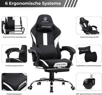 Gaming Stuhl mit Bürostuhl und Fußstütze, Ergonomischer Sessel Schwarz