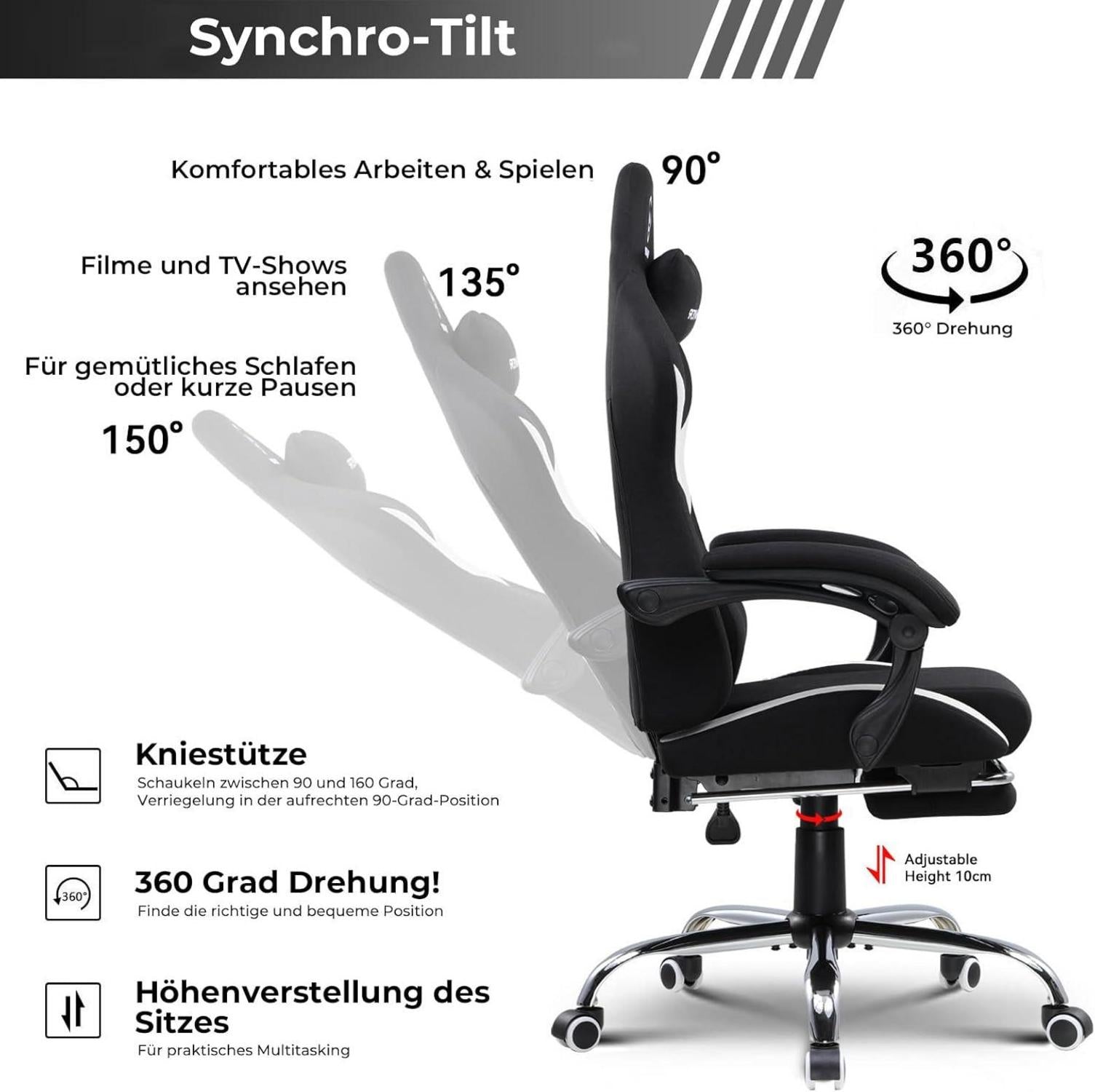 Ergonomischer Gaming Stuhl Stoff mit Fußstütze & Frühling Kissen Schwarz