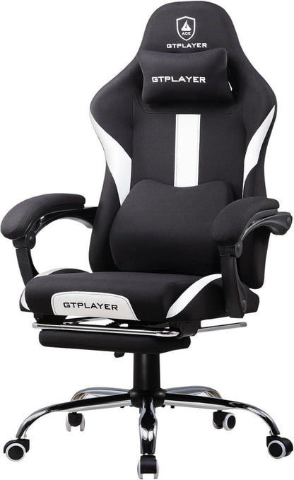 Gaming Stuhl Stoff mit Fußstütze und Taschenfederkissen Schwarz