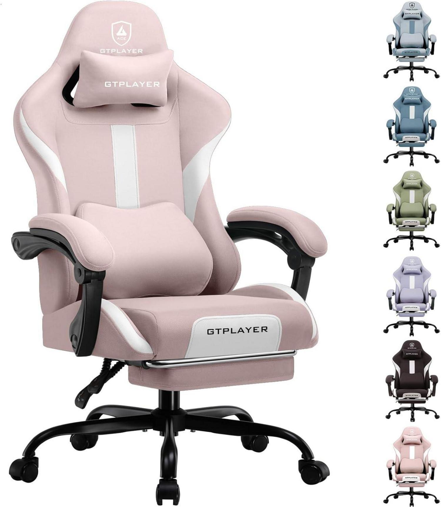 Ergonomischer Gaming Stuhl mit Fußstütze und Federkissen, Rosa