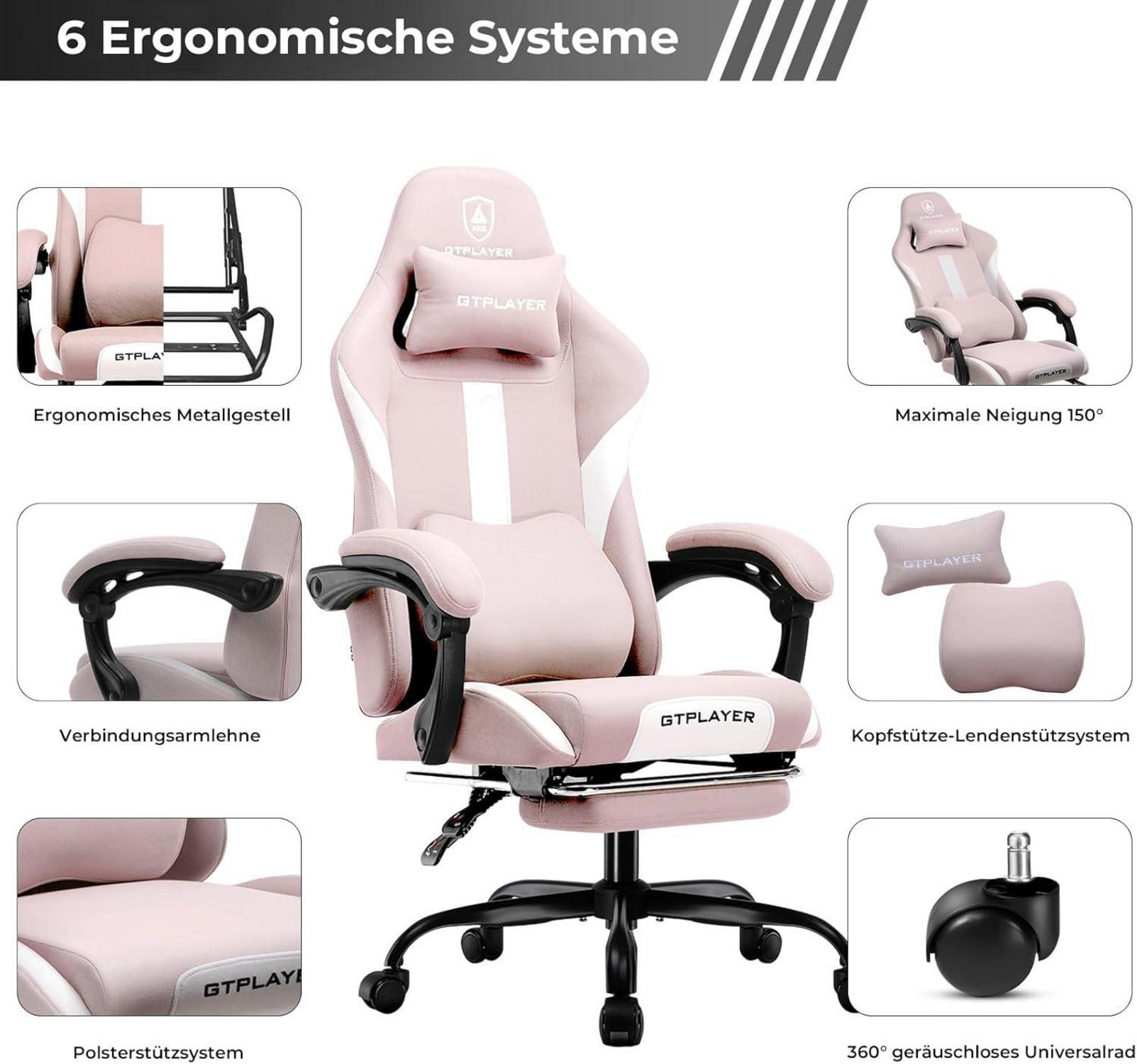 Ergonomischer Gaming Stuhl Bürostuhl mit Fußstütze Rosa