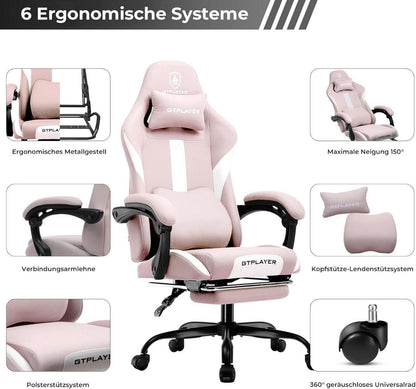 Ergonomischer Gaming Stuhl Bürostuhl mit Fußstütze Rosa