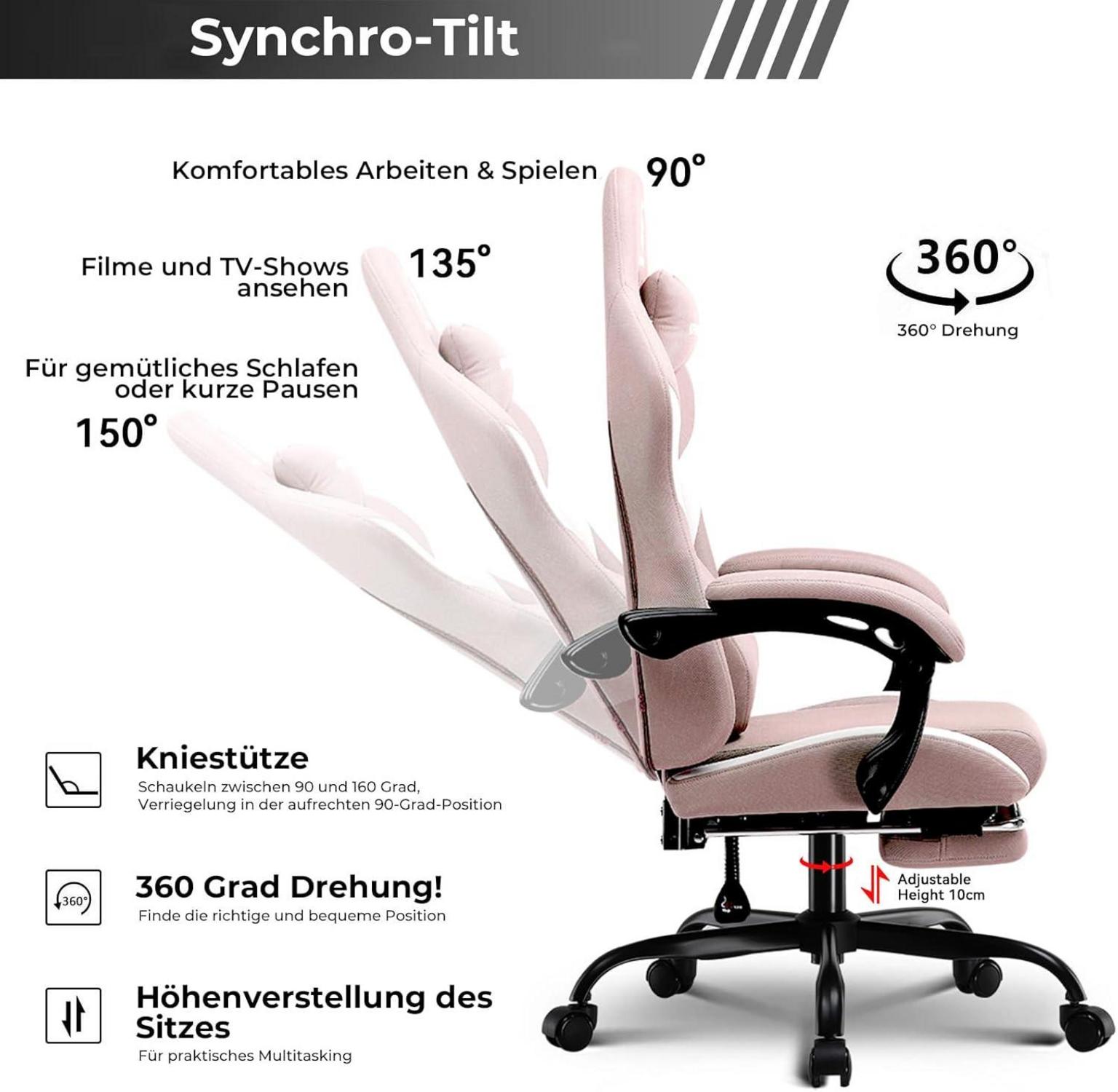 Ergonomischer Gaming Stuhl Bürostuhl 150KG Rosa mit Fußstütze & Kissen