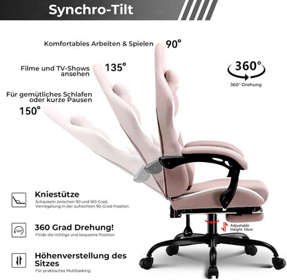 Ergonomischer Gaming Stuhl Bürostuhl 150KG Rosa mit Fußstütze & Kissen