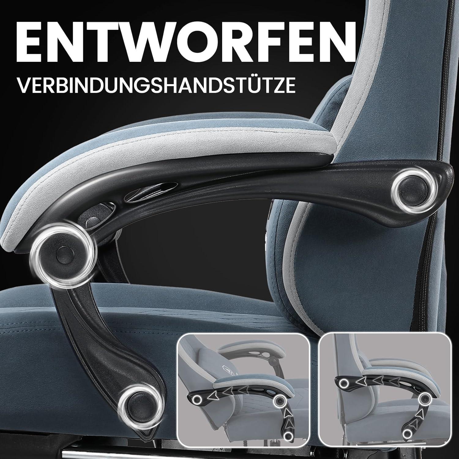 Gaming Stuhl Stoff Racing Fußstütze 150kg Belastbarkeit 90-135° Rückenlehne PC 360° drehbar Blau