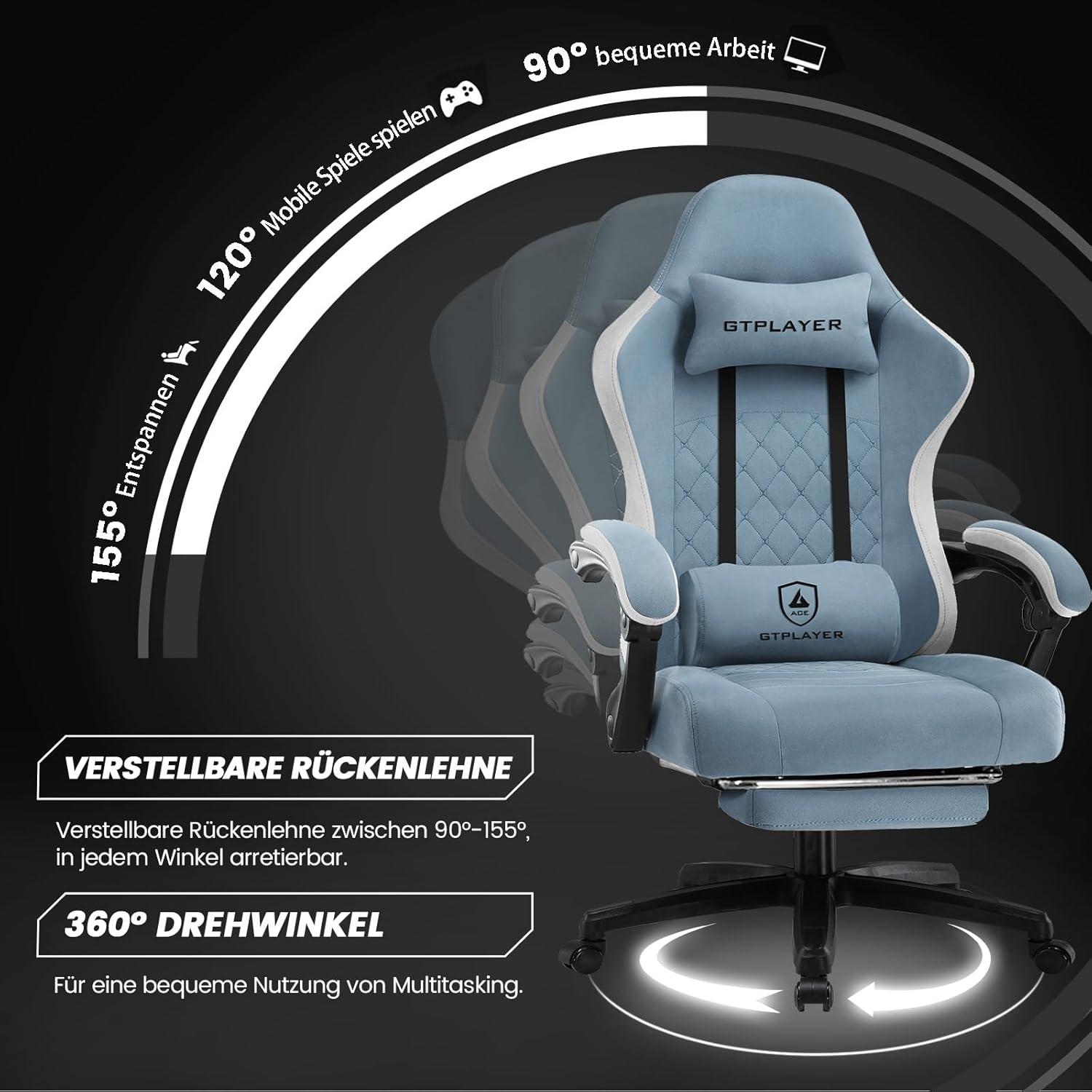 Ergonomischer Gaming Bürostuhl Stoff 150 kg Hellblau 360° drehbar