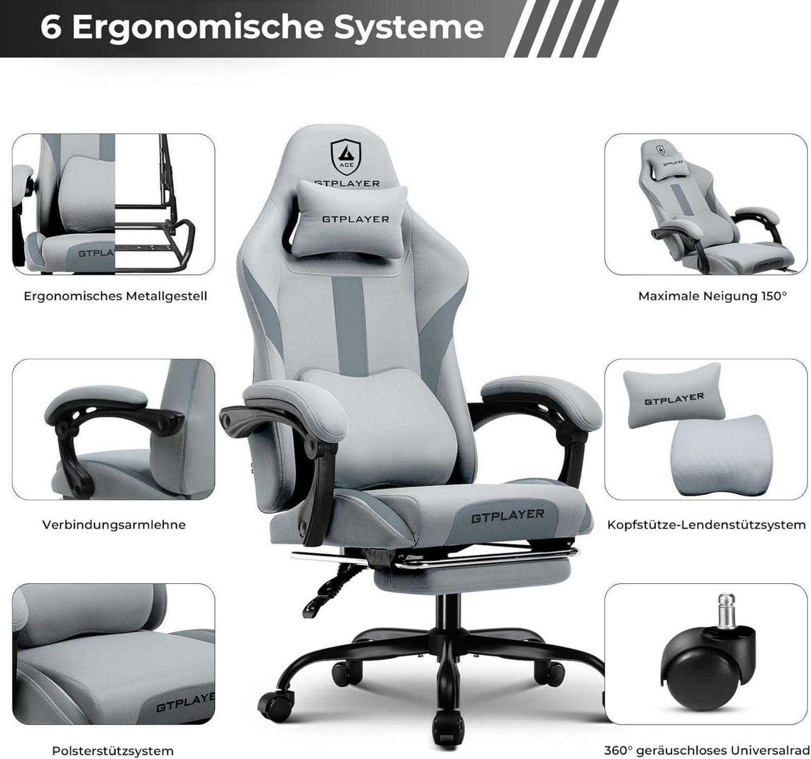 Gaming Stuhl Stoff mit Fußstütze und Taschenfederkissen, ergonomisch, für Erwachsene, 150KG, Grau