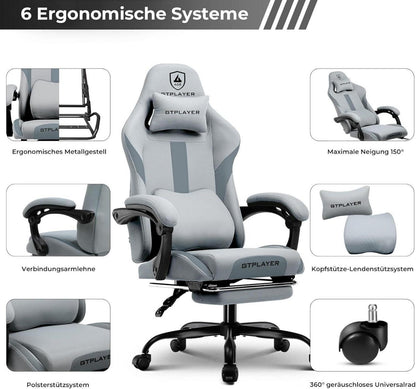 Gaming Stuhl Stoff mit Fußstütze und Taschenfederkissen, ergonomisch, für Erwachsene, 150KG, Grau