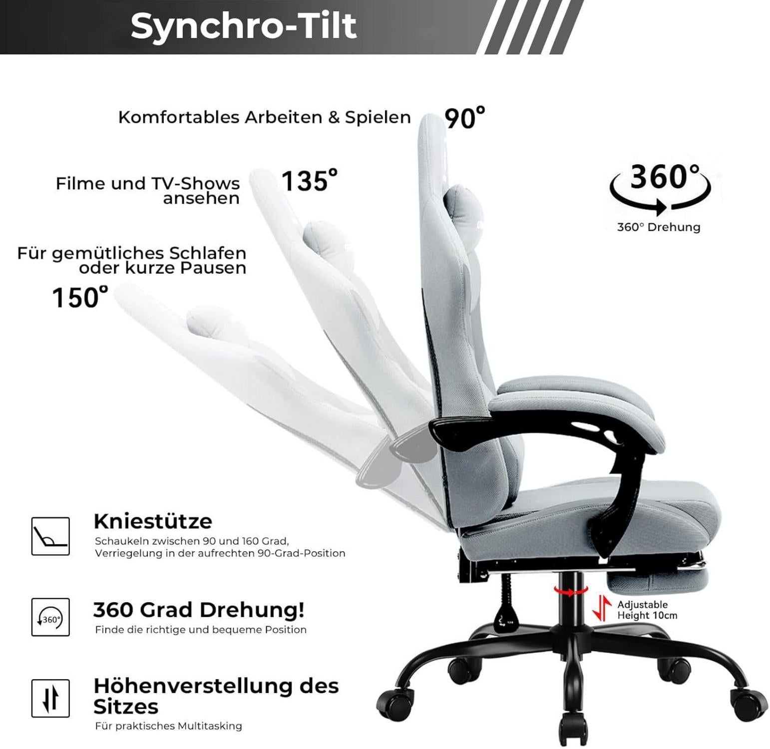 Ergonomischer Gaming Stuhl mit Stoff, Frühlingskissen und Fußstütze, Grau