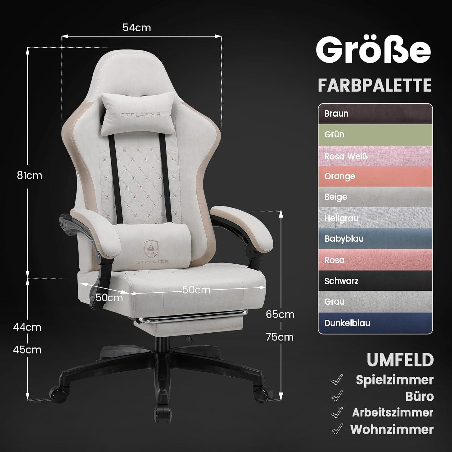 Ergonomischer Gaming Stuhl Stoff Rückenlehne 90-135° Fußstütze