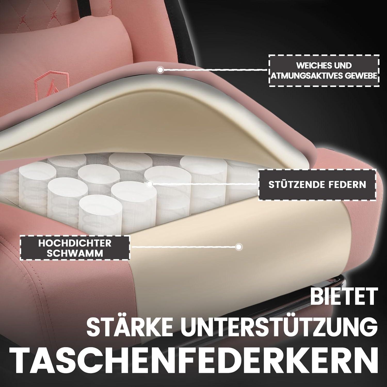 Ergonomischer Gaming Stuhl Stoff Schwarz-Rosa Fußstütze 150kg