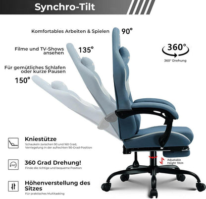 Gaming Stuhl Stoff mit Fußstütze und Taschenfederkissen, Blau