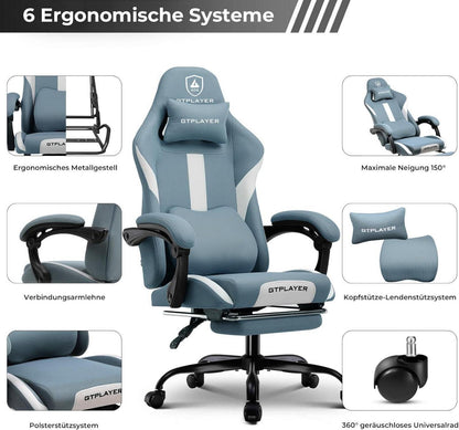 Gaming Stuhl Stoff Ergonomisch mit Fußstütze Groß und Hoch Blau