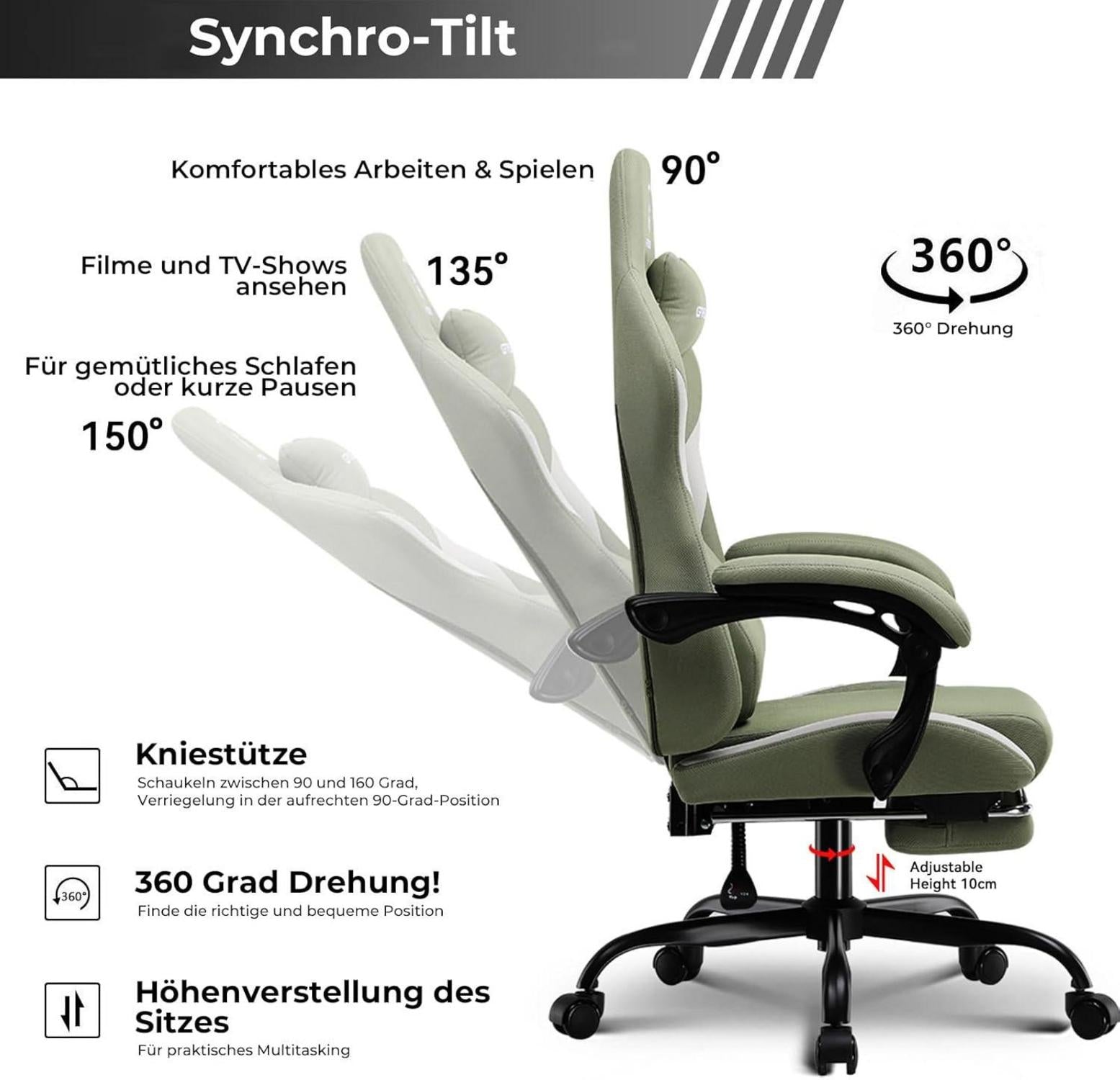 Gaming Stuhl Stoff mit Frühling Kissen, Bürostuhl mit Fußstütze, ergonomisch, groß, hoch, 150KG, Grün