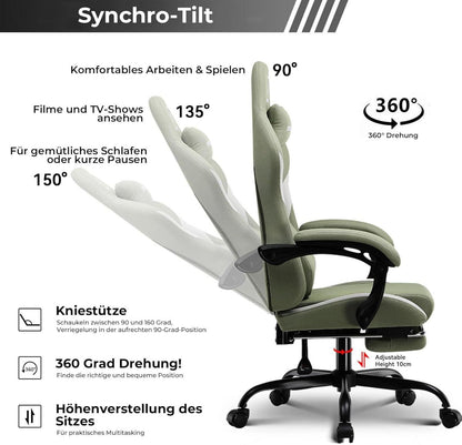Gaming Stuhl Stoff mit Frühling Kissen, Bürostuhl mit Fußstütze, ergonomisch, groß, hoch, 150KG, Grün