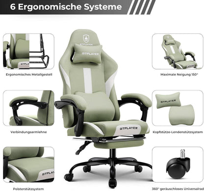 Ergonomischer Gaming Stuhl mit Fußstütze und Federkissen, 150KG, Grün