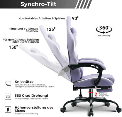 Ergonomischer Gaming Stuhl Stoff mit Fußstütze Lila 150KG