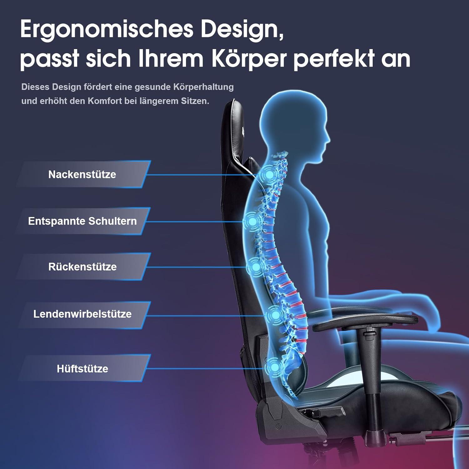 Douxlife Gaming Stuhl mit 7 Punkt Massage Fußstütze Ergonomischer Bürostuhl 180KG Schwarz