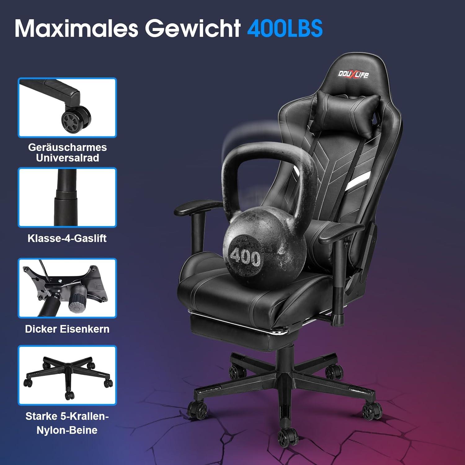 Douxlife Gaming Stuhl mit 7 Punkt Massage Fußstütze Ergonomischer Bürostuhl 180KG Schwarz