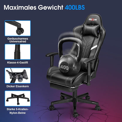 Douxlife Gaming Stuhl mit 7 Punkt Massage Fußstütze Ergonomischer Bürostuhl 180KG Schwarz