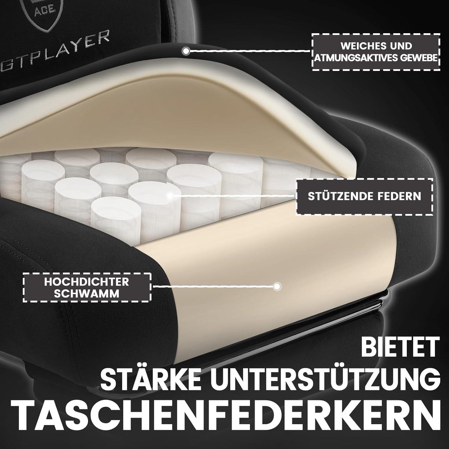 Ergonomischer Gaming Stuhl Stoff Schwarz Fußstütze 150kg 90-135° PC Bürostuhl