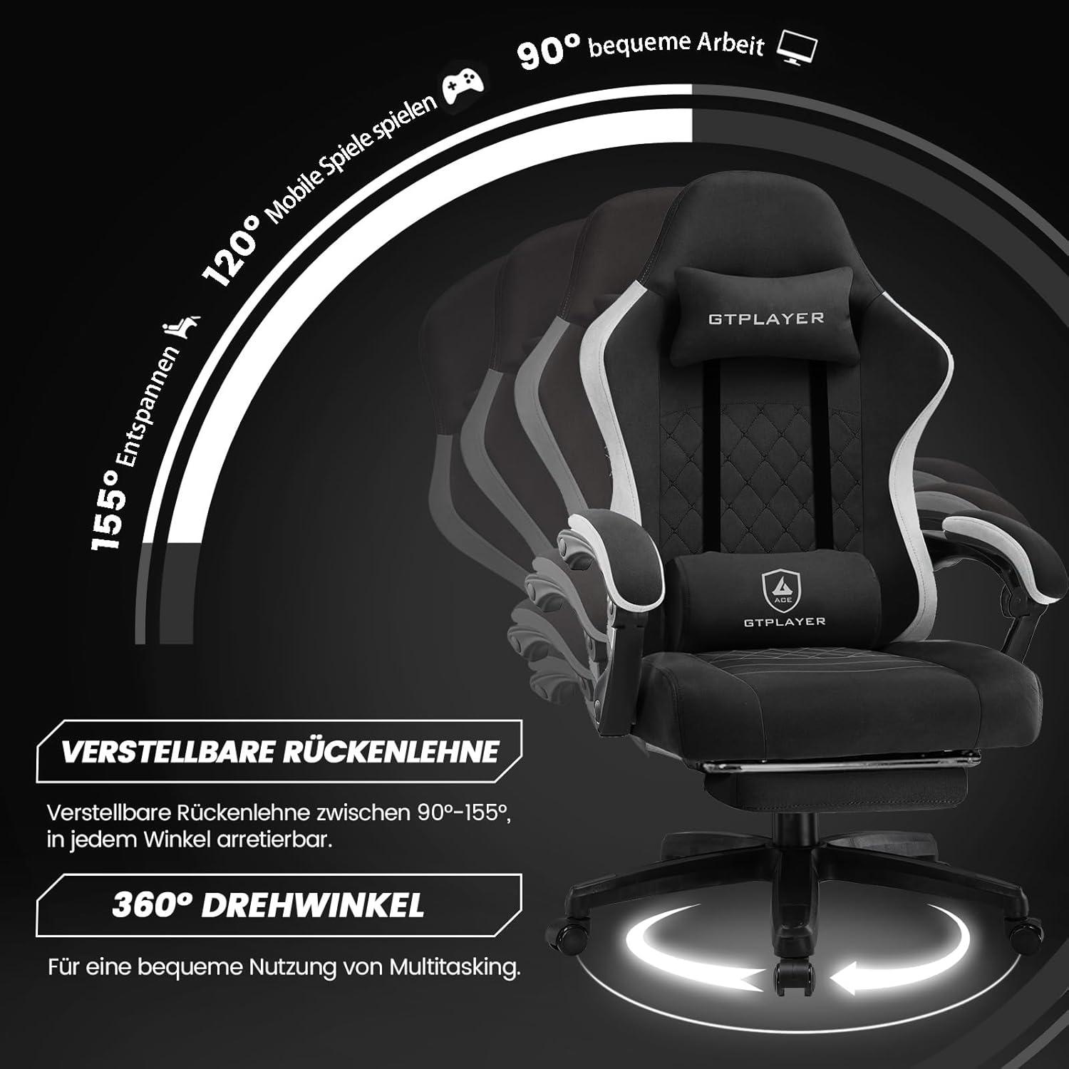 Gaming Stuhl Stoff Fußstütze Racing Gamer 150kg Schwarz