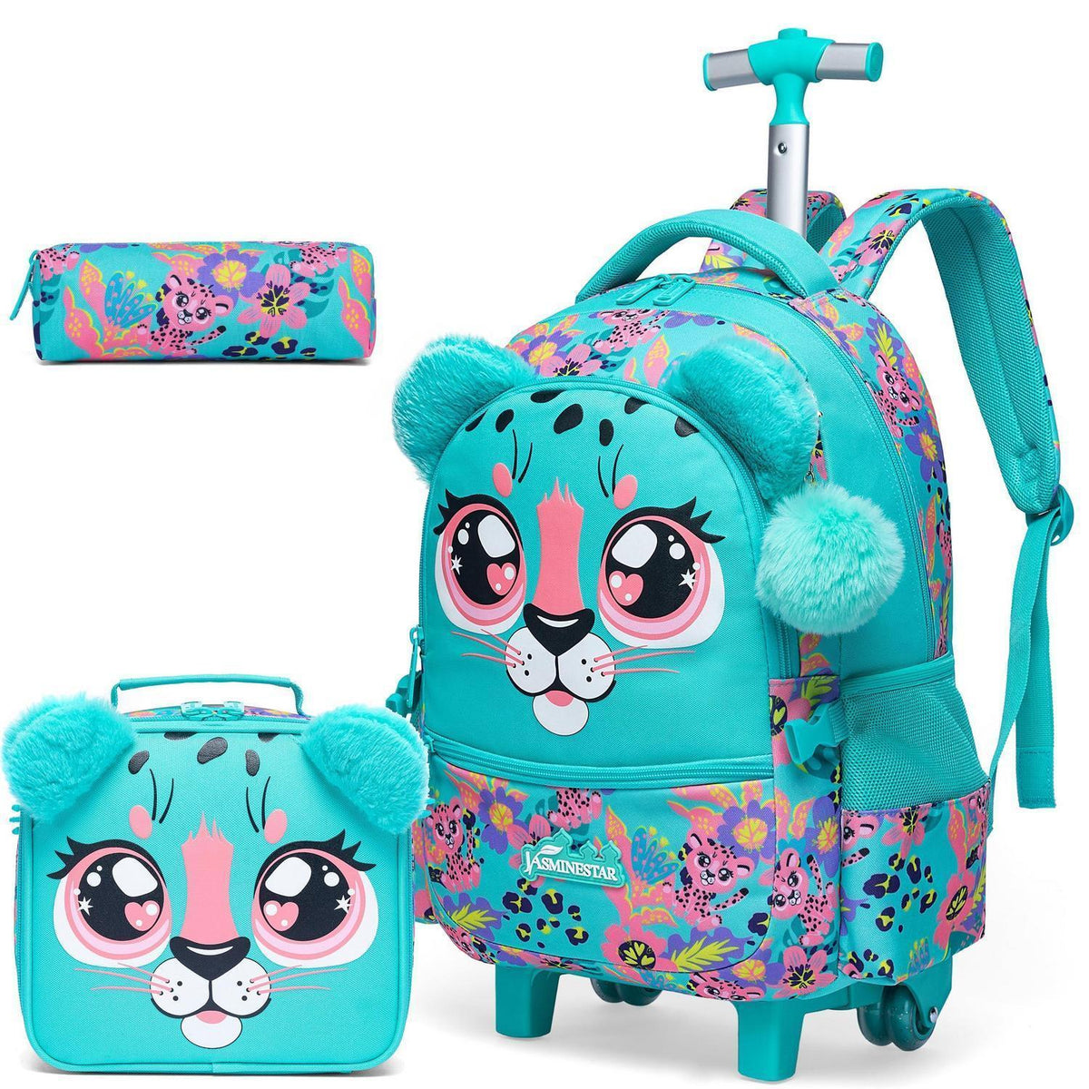 Schulrucksack mit Rollen für Mädchen, 4. Klasse, Grün-Leopard