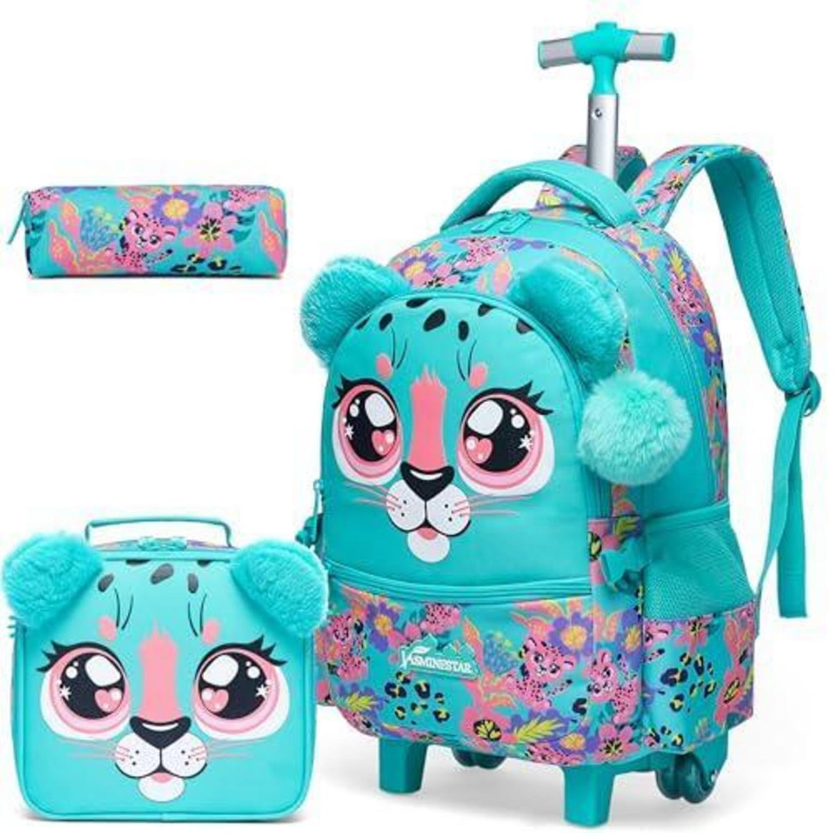 Schulrucksack mit Rollen für Mädchen, 4. Klasse, Grün-Leopard